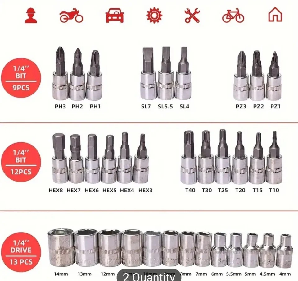 46Pcs Spanner Socket Ratchet Wrench Set 1/4"Drive Car Repair Tool Kit with Case~ - Image 4 of 4