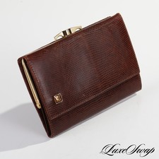 Vintage Pierre Cardin Cognac Brown Genuine Lizard Skin Glazed Kisslock Wallet NR