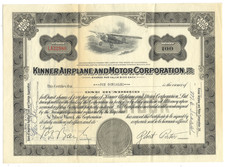 Kinner Airplane and Motor Corporation Certificate (Great Vignette! Dated 1937)