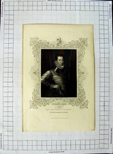 Original Old Antique Print Portrait C1790-C1890 Sir Philip Sidney Man 18th