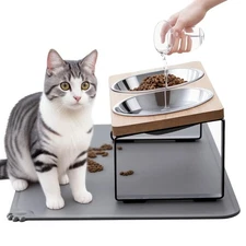 Upgraded Elevated Cat Bowls with Food Mat,15°Tilted Stand Anti Vomiting Raise...