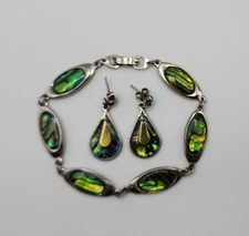 Silver Tone Abalone Oval Link Bracelet w/ Matching Pierced Earrings - 7.5"