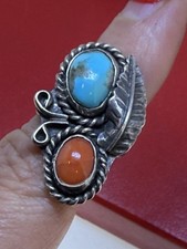 Vintage Long Turquoise, Coral and Sterling Silver Ring Size 7