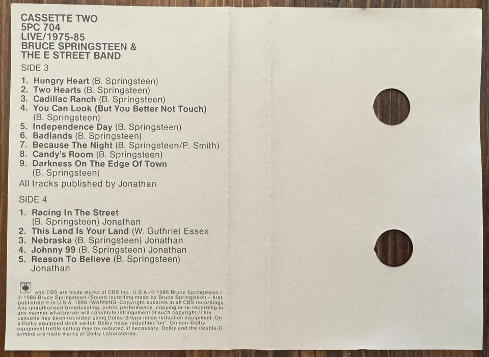 Bruce Springsteen & The E-Street Band ‎– Live / 1975-85 (Cassette OZ 1986 EX/EX) - Image 4 of 4