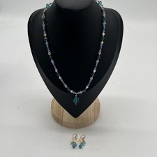 Gorgeous Aqua And Clear Crystal Necklace And Dangle Earring Set Gold Tone