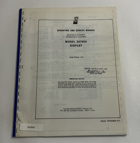 Hewlett- Packard HP 34740A Display Operating & Servicing Manual Printed Guide