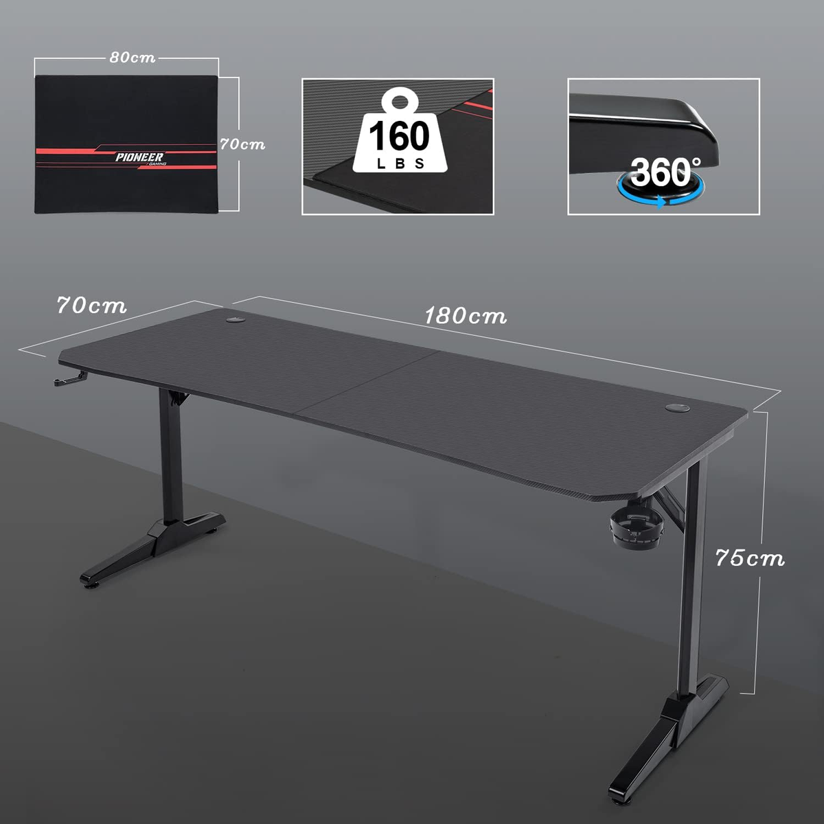 Scrivania Da Gaming KESSER Con LED - 180x80 Cm | Design A Z | Superficie Carbonio | Portabicchieri E Gancio Cuffie | Bianco Carbon - Foto 8