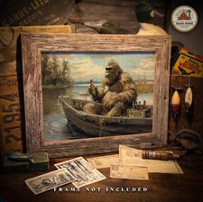 Vintage Sasquatch Bigfoot Art Print Fly Fishing Artwork Hunting Cabin Wall Decor