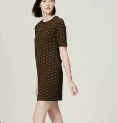 LOFT SZ S BLACK YELLOW TEXTURED FAN PRINT ART DECO SHORT SLEEVE SHIFT DRESS