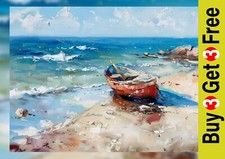 K&uuml;stenboot Szene 5"x7" Druck auf mattem Papier | Ruhiger Strand &Ouml;l Kunstwerk