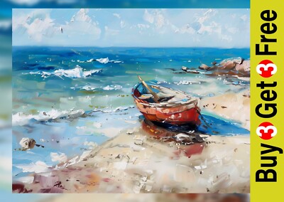 Küstenboot Szene 5''x7'' Druck auf mattem Papier | Ruhiger Strand Öl Kunstwerk