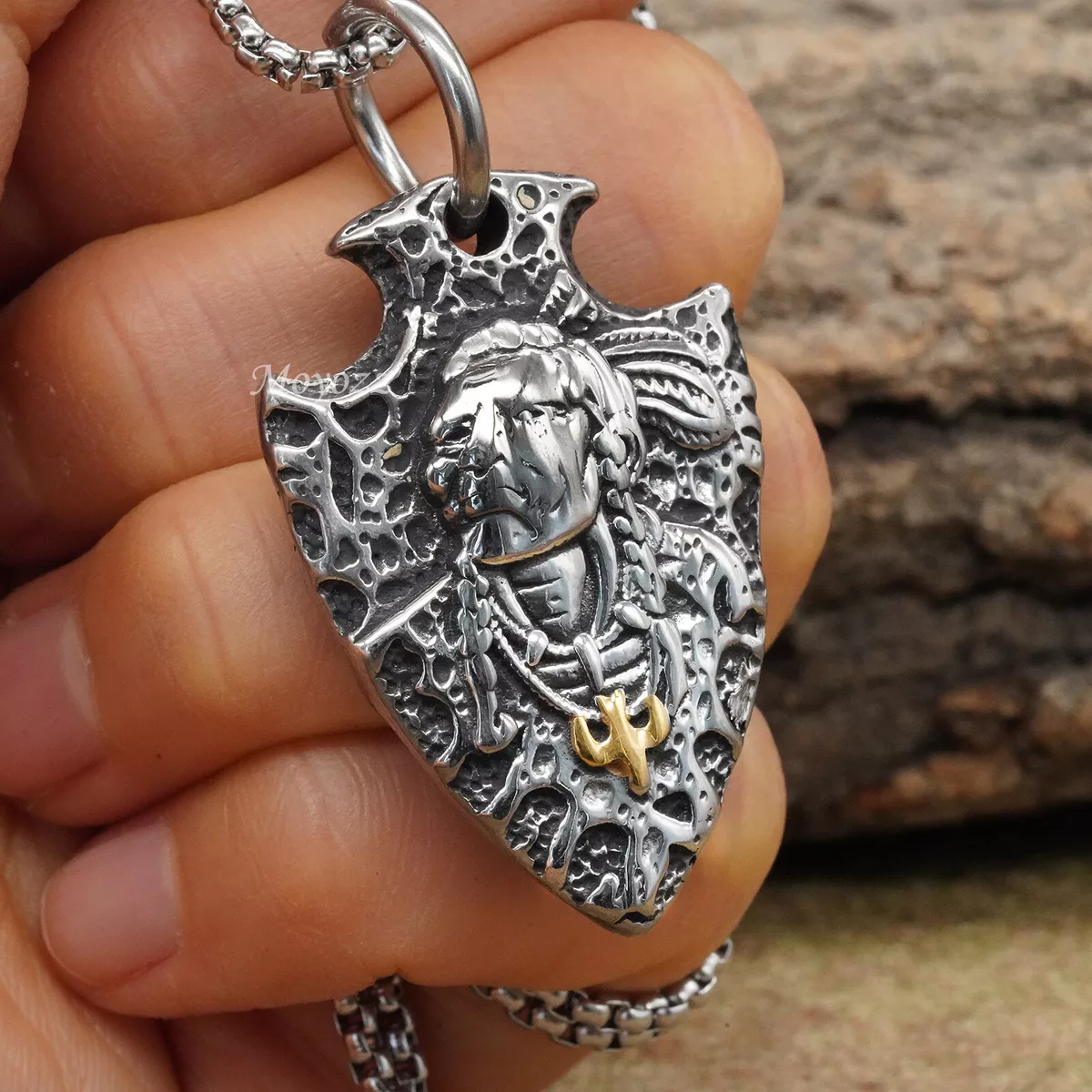Mens Native American Indian Chief Gold Eagle Arrowhead Pendant