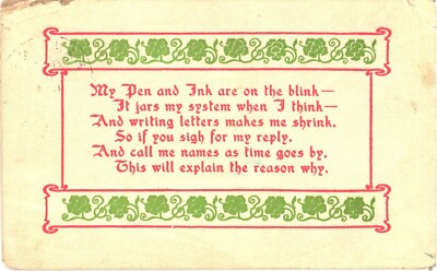 My Pen And Ink Are On The Blink And Writing Letters Makes Me Shrink Postcard