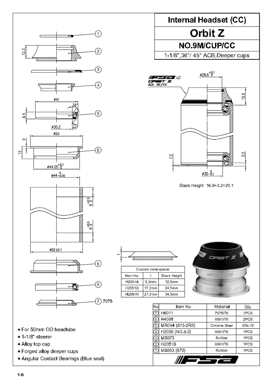 FSA ORBIT Z 11/8" 44mm Sealed Cartridge Bearings Threadless Headset w