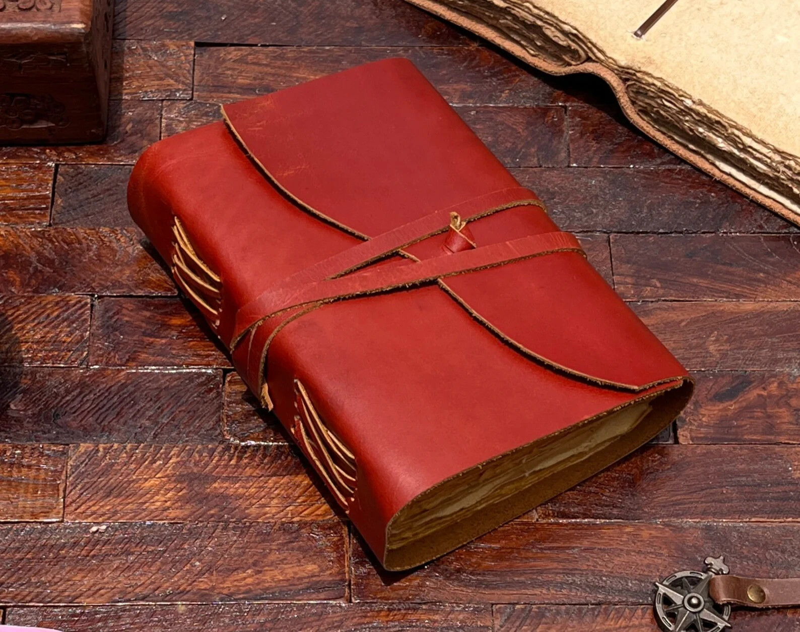 Leather-bound travel journal for writing, sketching, and scrapbooking
