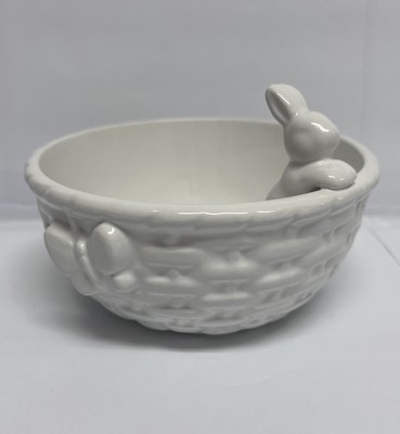 Easter Decor Ceramic Basket Bowl Sculptural Bunny Rabbits Butterly White