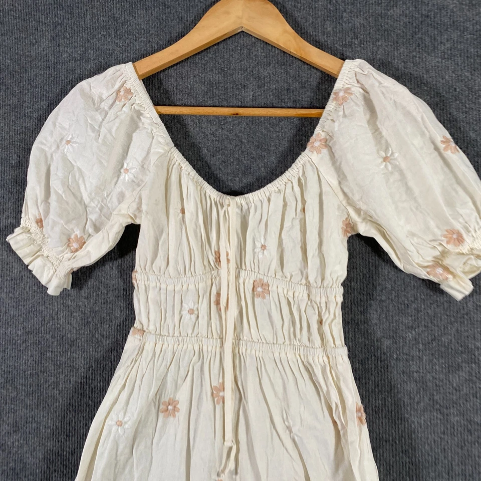 Ghanda Dress Womens XS Off White A Line Flower Peasant Midi Linen Coastal J2 - image 2 of 4