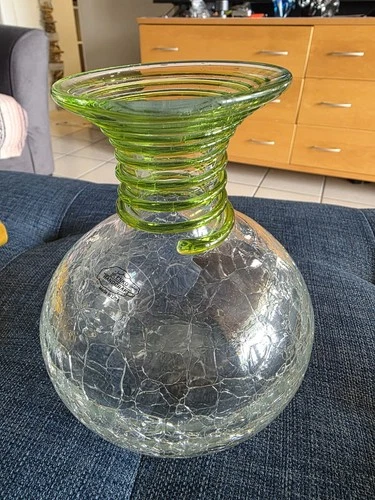 Blenko Handmade Crackle Glass Vase Crystal Lime Green Applied Swirl 7” Tall