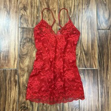 VTG Y2K Victoria's Secret Babydoll Sheer Floral Lace Slip Dress Red Sz S Chemise