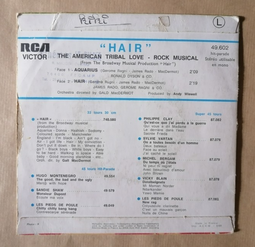 "HAIR" Original Broadway Cast : AQUARIUS 7" 45T 1969 France RCA 49.602 Musical - Photo 2 sur 2
