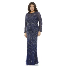 Mac Duggal Size 20 Midnight Blue Beaded Sequin Long Sleeve A-Line Gown NWT