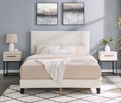 Findlay 3-Piece Bedroom Set, Plush 3D Upholstered Bed with Two Nightstands, Fu
