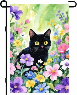 Black Cat Spring Garden Flag 12x18 Inch Black Kitty Flower Wildflower Meadow ...