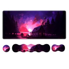 4 In 1 Large Mouse Pad Keyboard Wrist Rest Set Village Evening Glow Desk Mat