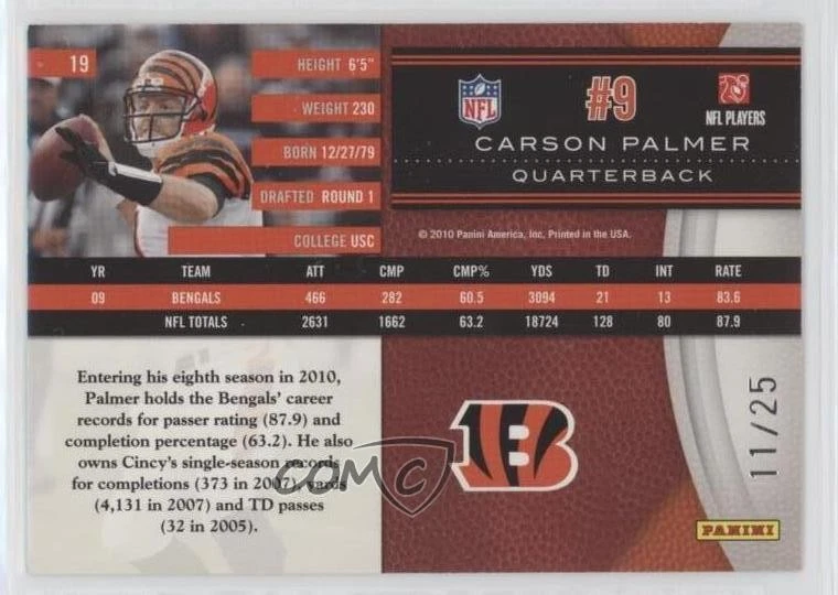 2010 Panini Limited Spotlight Gold /25 Carson Palmer #19 - Image 2 of 2