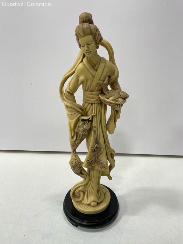 Asian Beige Female Figure Fish Basket Statue Sculpture Ornamental Decor