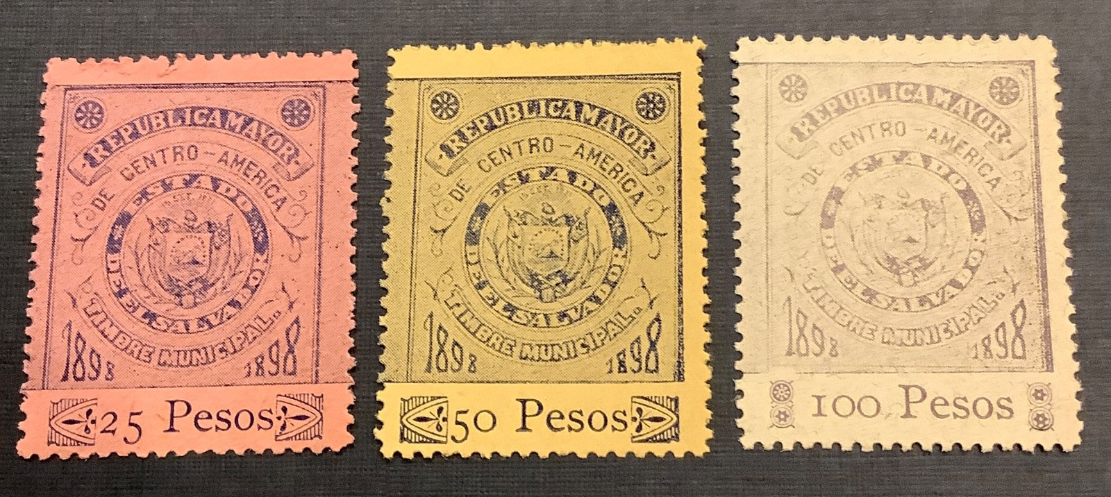 1898 El Salvador Municipal Revenue Stamps (3) MNG F/VF