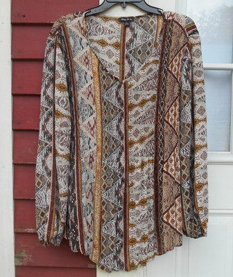 Sammi & Jo Size Large Brown Multi-Color Long Sleeve Pintuck Pleated Boho Blouse