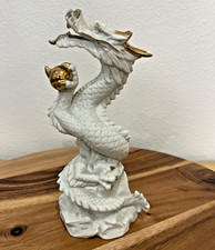 Yoshimi K Porcelain Dragon White & Gold Sea Serpent Double Horn Figurine Vintage