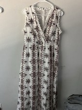 Women’s White/Brown Geometric V-Neck Sleeveless Lace Trim Long Maxi Dress L