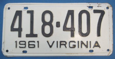 1961 Virginia License Plate very good