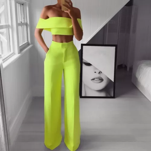 Womens Elegant Two Piece Suit Boat Neck Crop Tops Wide Leg Pants Casual Party - Picture 2 of 13