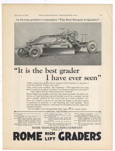 1928 Rome Mfg. Co. Ad: Rome High Lift Road Graders - Rome New York