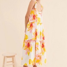 Free People Moonshine Linen Blend White Pastel Floral Midi Tiered Dress S