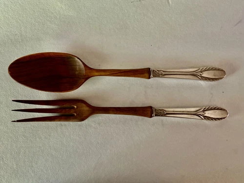 Vtg TROUSSEAU Sterling & Wood 2 Pc Salad Set by International Silver c1934 usa