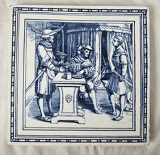 CHARMING ANTIQUE MINTON FIGURATIVE DESIGN large 8 INCH TILE BLUE & WHITE CHARMING ANTIQUE MINTON FIGURATIVE DESIGN large 8 INCH TILE BLUE & WHITE - Image 1