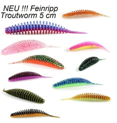 10x Trou Worm Feinripp 5cm Gummiköder für Forelle 10 Aromen & 23 Farben Area UL
