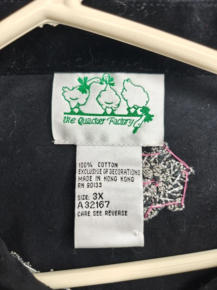 Vtg Quacker Factory Black Velvet Embroidered Snowman Snowflake Shirt Jacket 3X - Image 4 of 4