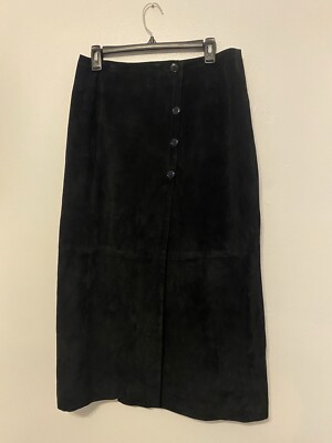 Vintage Global Identity GIII 100% Suede Leather Black Button Maxi Skirt Size 14