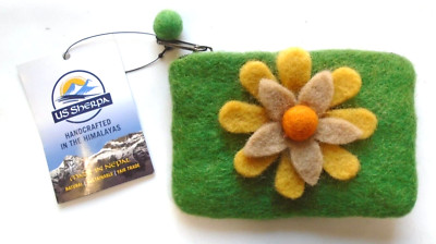 NWT US Sherpa Natural Felt Wool Small Handmade in Nepal Coin Purse Green Floral