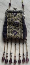 Vintage Deco Beaded Small Evening Flapper Bag Floral Silver Frame Draping Beads