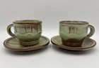 2x Frankoma Pottery Prairie Green Wagon Wheel Coffee Tea Cup Saucer Sets