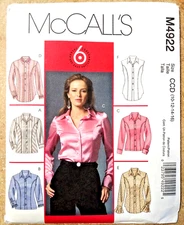 McCall's M4922 Semi-Fitted Blouse Princess Seams Sleeve Variations Sz 10 to 16