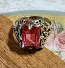 Vintage Art Deco Sterling Silver & Pink Emerald Cut Glass Ring Sz 5.5 1930's