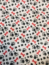 DOG FABRIC PAW PRINTS RED BONES ON WHITE Adorable! Big Piece 24”x44”