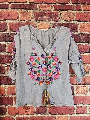 See And Be Seen Floral Embroidered Gathered Sleeve Top Womens L C98